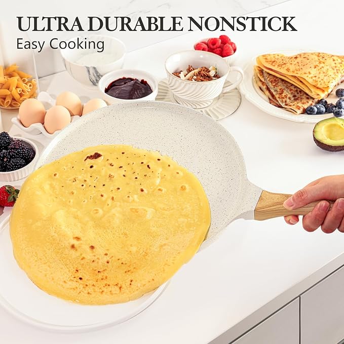 Nonstick Crepe Pan with Spreader, 10-Inch Natural Ceramic Coating Dosa Pan Pancake Flat Skillet Tawa Griddle with Stay-Cool Handle, Induction Compatible (White)